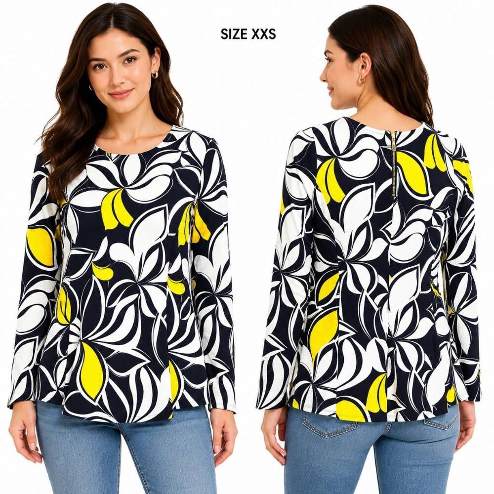 Susan Graver Floral Zip Peplum Top XXS Black Yellow